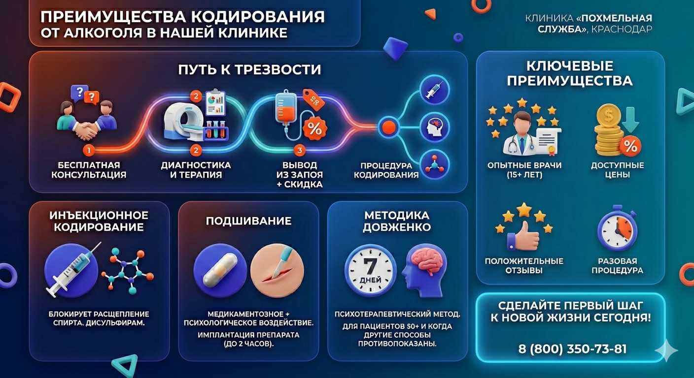 Инфографика о методах кодирования от алкоголя в Беслане: инъекции, подшивание, метод Довженко. Преимущества клиники и этапы лечения.