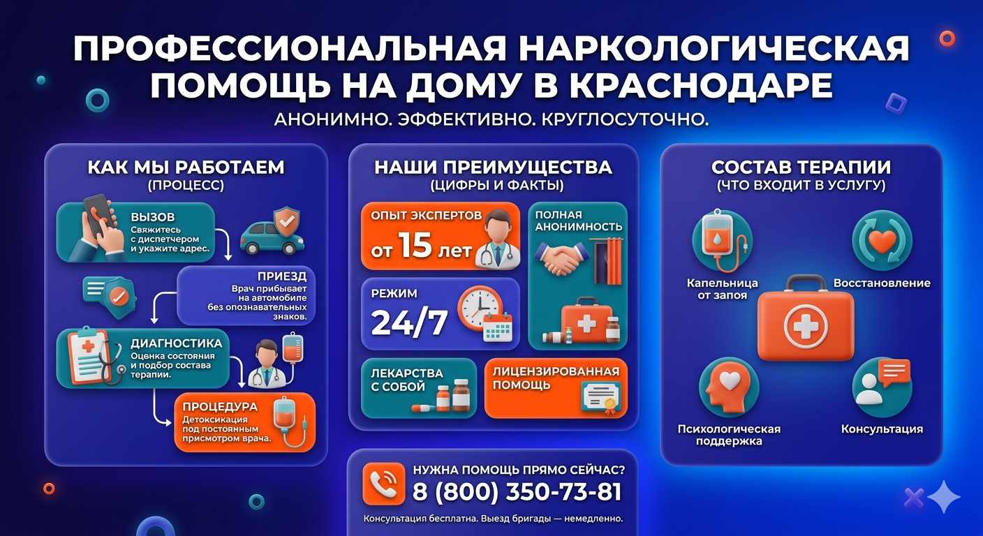 Инфографика о принципах лечения алкоголизма на дому в Беслане: этапы вызова нарколога, преимущества анонимной детоксикации и состав медицинской помощи.